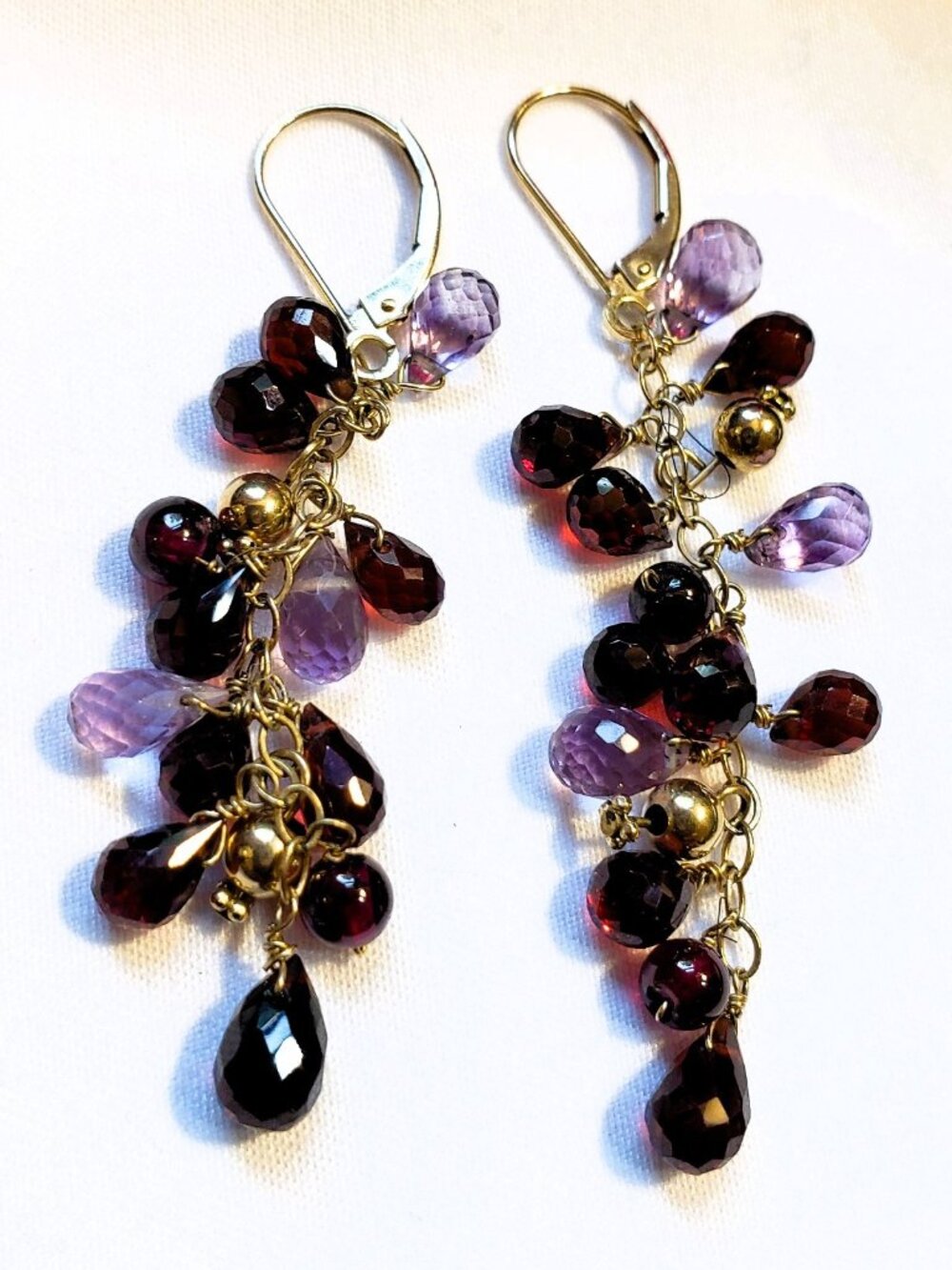 NWOT Jewelmak 14K Gold Garnet Amethyst Cluster Drop Earrings